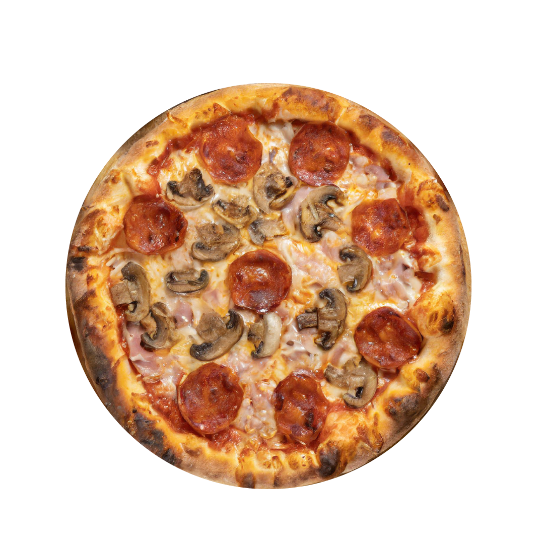 Grande pizza, vue du dessus dont voici les ingrédients qui l'a compose - sauce tomate, Chorizo- champignons - emmental