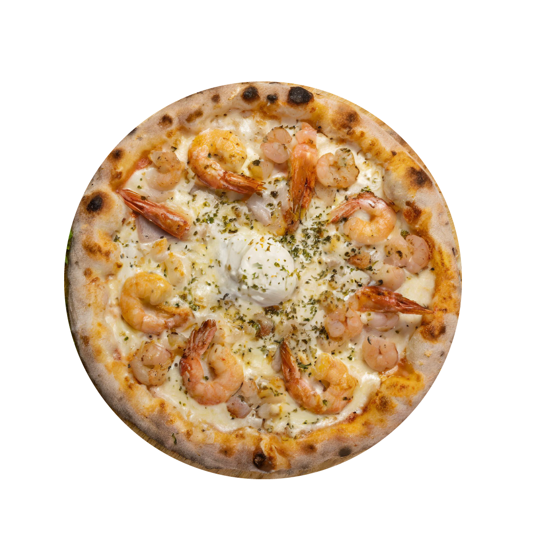 Grande pizza, vue du dessus dont voici les ingrédients qui l'a compose - Crème fraiche, noix de st jacques, crevettes, emmental